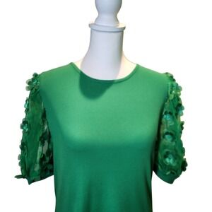 Lexington Avenue NYC Green Knit Top 3D Floral Mesh Puff Sleeve Large St Patricks